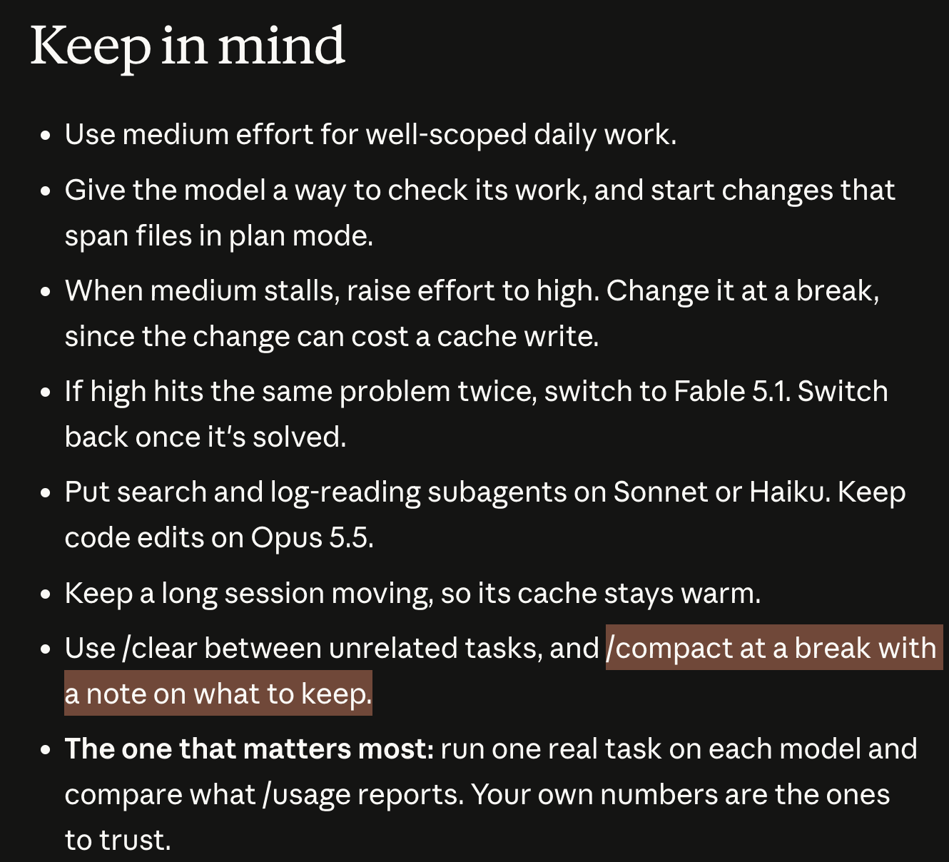 La section « Keep in mind » de l’article : effort medium au quotidien, high quand ça cale, Fable 5.1 quand high bute deux fois, sous-agents sur Sonnet ou Haiku, /clear et /compact, et vos propres chiffres /usage.