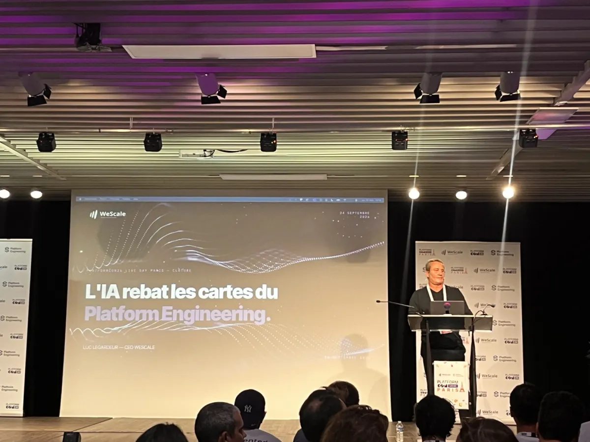 Slide de clôture de Luc Legardeur, CEO de WeScale : « L'IA rebat les cartes du Platform Engineering. »